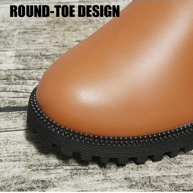 Ankle Boots for Women Thick Bottom Round Toe Leather Boots All-match Platform Shoes Chunky Heel Plus Velvet Warm Chelsea Boots Plus Size 35-43