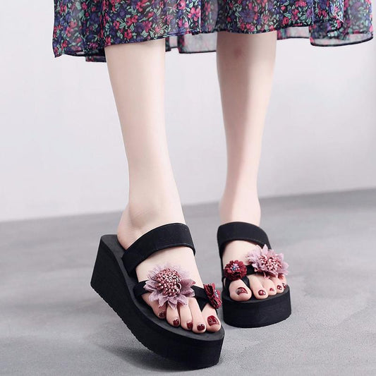 Summer Cute Sandals Female High-heeled Flip Flops Female Slippers Non-slip Slope with Thick-soled Seaside Vacation Beach Shoes