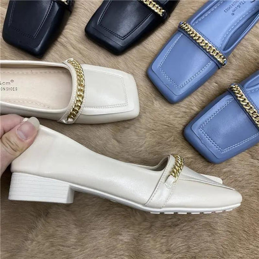 British Style Retro Shallow Mouth Low-heeled Shoes Women's Square Toe Metal Chain Thick Heel Leather Shoes Loafers Work Shoes