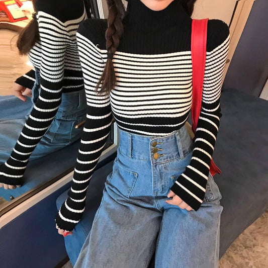 Pofulove Slim Thick Joker Bottoming Sweater blouse Turtleneck Striped Long Sleeve Sweater