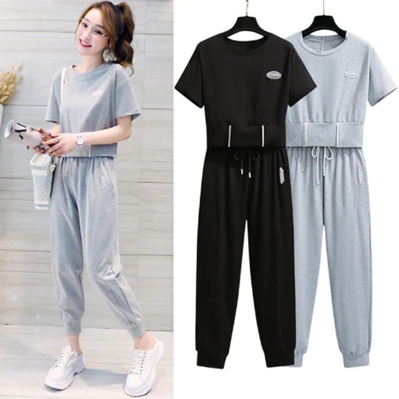 Sports Suit Women's Summer Casual Solid Color Short-sleeved Short Loose T-shirt Waist Nine-point Pants Two-piece Set