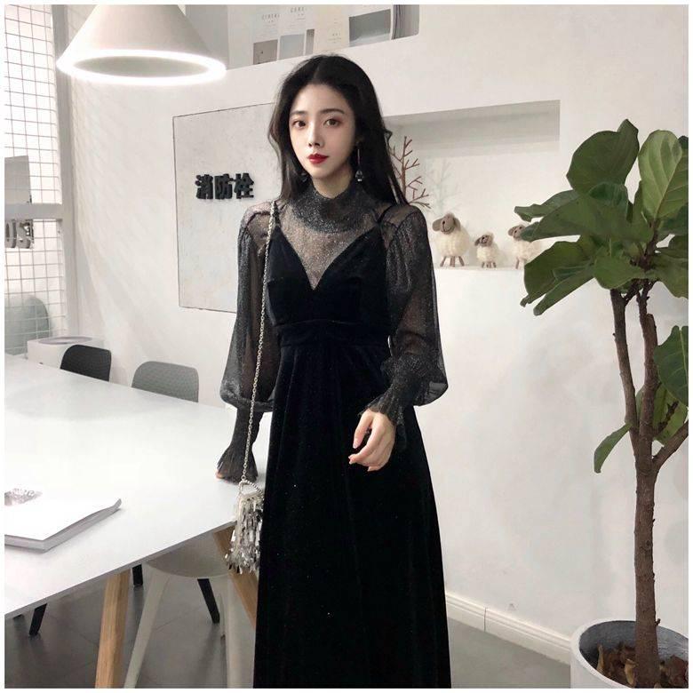 Sling Dress Two-piece Women's Korean Style Loose Mesh Gauze Stitching V-neck Long Sleeve Suit