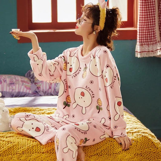 Women's Pajamas for Fall Winter Coral Fleece Sleepwear Set Flannel Warm Thick Home Wear Suit Cartoon Cute Loose Nightwear Long Sleeve Round Collar