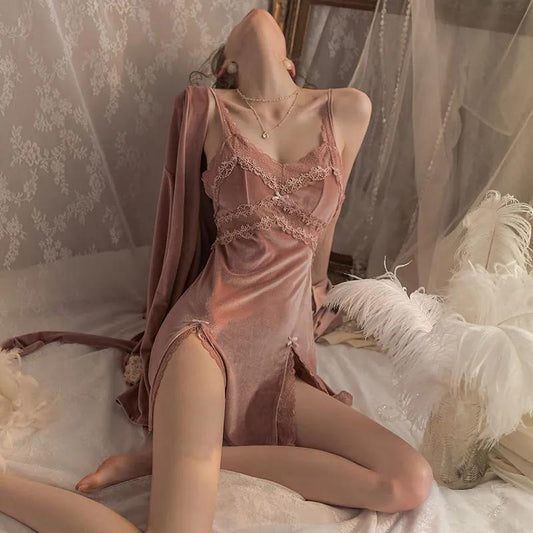 Women's Autumn Winter Sexy Pajamas Sest Gold Velvet Suspender Nightdress Robe High-quality Lace Slit Nightgowns Casual Solid Color Homewear