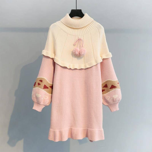 Long Section Turtleneck Sweater Women's Sweet Knitted Ruffles Schoolgirl Pullover Dress
