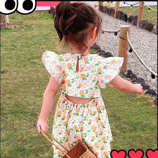 Girl's Back Hollow Out Dress Orange Skirt Children's Sleeveless Skirt Button Korean Baby Broken Flower Princess Skirt