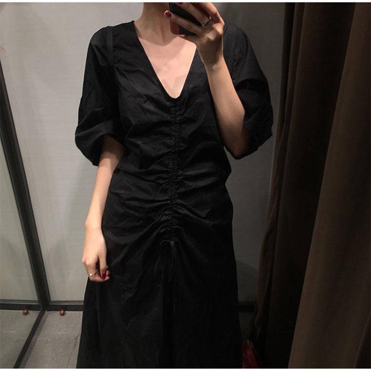 Elegant Chic Summer Drawstring V-Neck Women Pleated Retro Solid Short Sleeve Sexy Ladies Long Dress