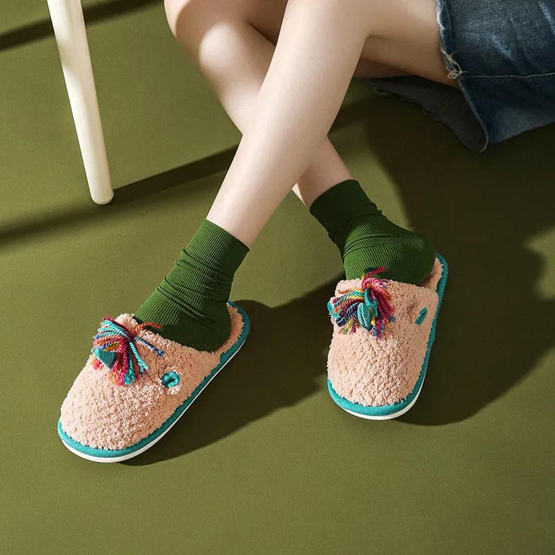 Autumn and Winter Tassel Cotton Slippers Casual Warm Flat Shoes Indoor Non-slip Cotton Shoes Soft Shoes
