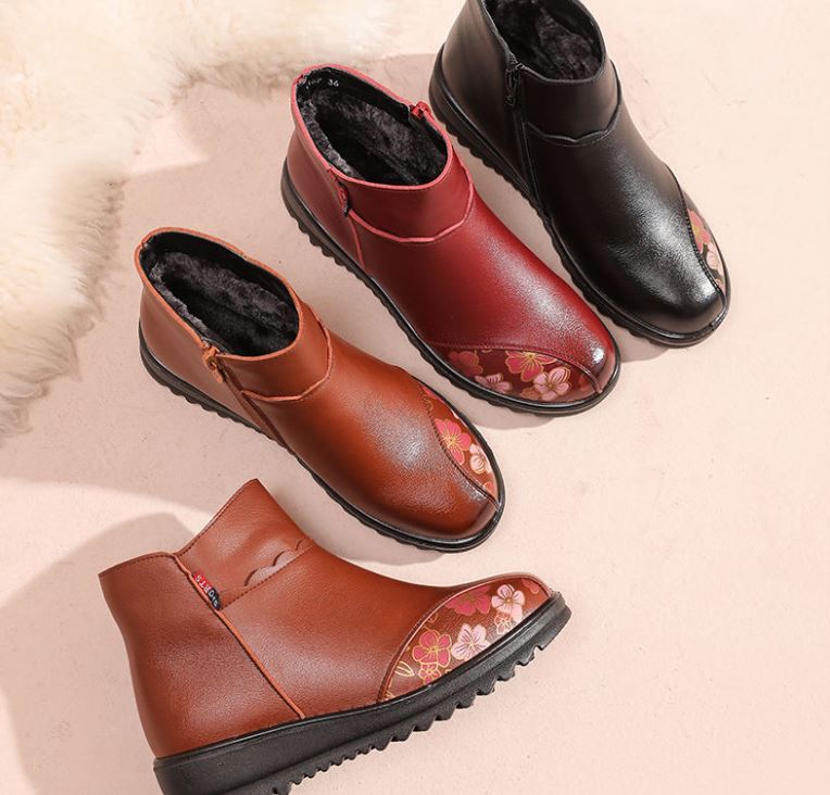 Women's Leather Cotton Shoes Winter Soft Bottom and Velvet Warm Leather Shoes Non-slip Short Boots