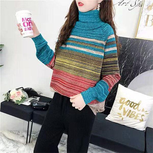 Vintage Loose Large Size Colorful Striped Turtleneck Sweater Women Fashion Bottoming Sweater
