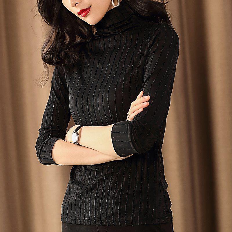 Autumn and winter high collar bottoming shirt female striped fashion slim mesh long-sleeved shirt