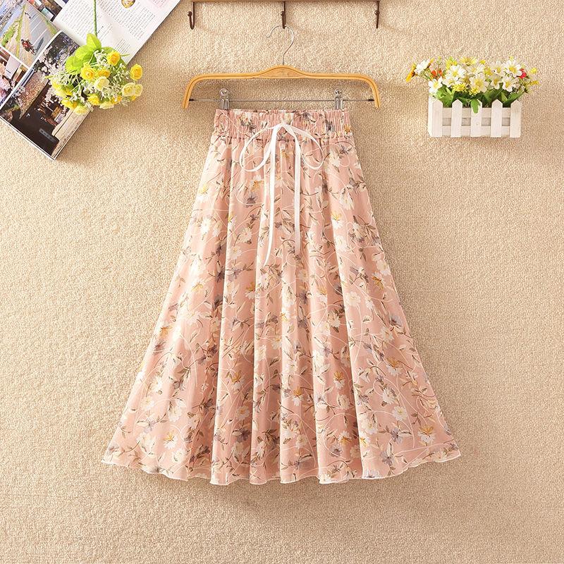 Women's Elastic Waist Pleated Floral Skirt Summer High Waist Mid-length A-line Draping Chiffon Fairy Dress