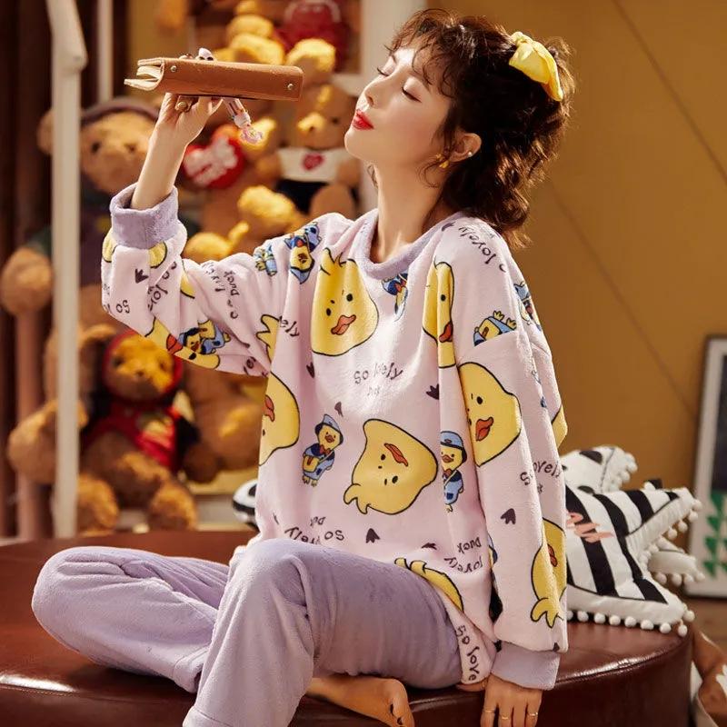 Women's Pajamas for Fall Winter Coral Fleece Sleepwear Set Flannel Warm Thick Home Wear Suit Cartoon Cute Loose Nightwear Long Sleeve Round Collar
