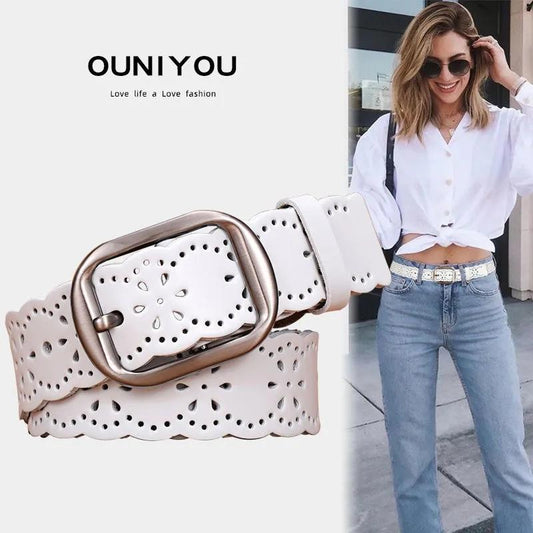 Women's Hollow Pin Buckle Leather Belt Casual Pants Belt Student Fashion Cowhide Belt Women's White Belt Black Waist Belts