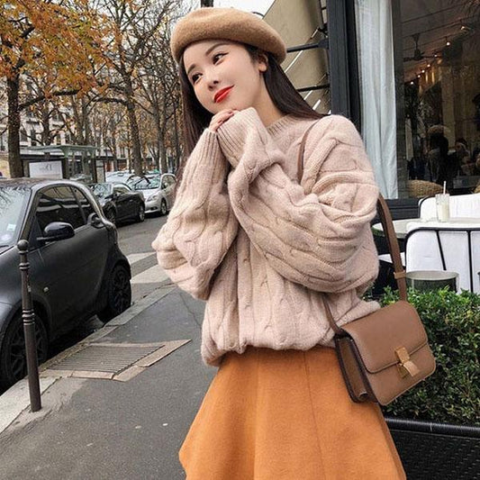 Autumn and Winter Round Neck Twist Pullover Short Loose Student Bottoming Sweater Wild Thick Sweater Women