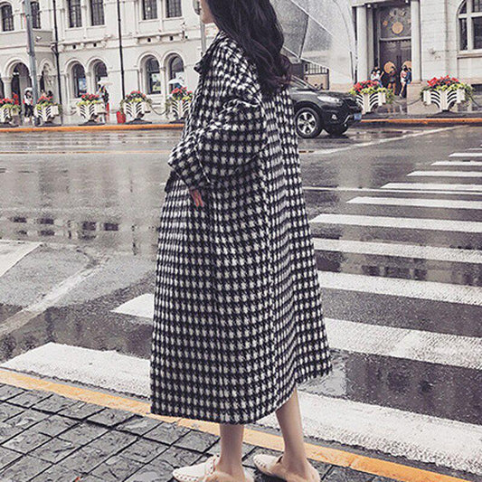 Fashion Plaid Coat Ladies Loose Long Woolen Coats Winter Trench Single Breasted Overcoat