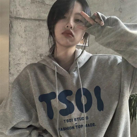 Female Ins Hooded Sweater Student Spring and Autumn Korean Version Loose All-match Coat Letter Printing Long-sleeved Pullover Sweater Coat