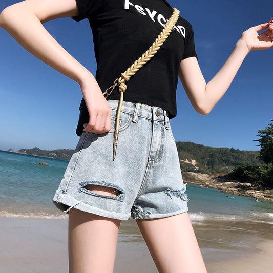 WTEMPO Women Loose Solid Color Ripped Denim Shorts Spring and Summer Wide Leg A-line Thin Curled Bottom Casual Shorts