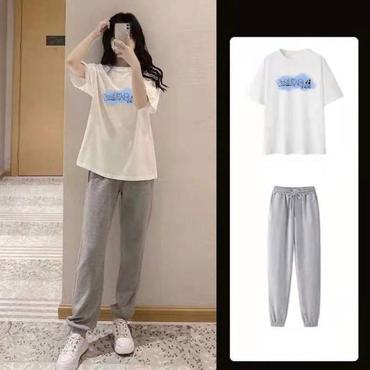 2PCS Women's Short-sleeved T-shirt + Lantern Pants Two-piece Suit Student Summer Loose All-match Casual Sports Jogging Clothing