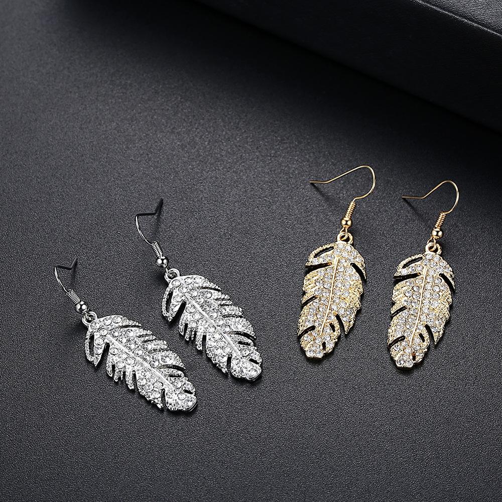 Feather of Love Bohemian Leaf Rhinestone Necklace Earring Set Feather Shaped Zircon Jewelry Set
