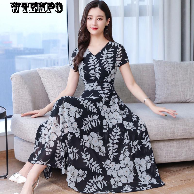 Summer Round Neck Short-sleeved Dress Floral Dress Over The Knee Loose and Thin