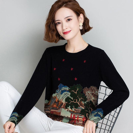 Ethnic Style Women's Short Woolen Sweater Autumn and Winter Printed Sweater Loose Large Size Knitted Jumper