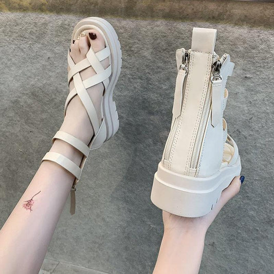 Net Red Women's Spring and Summer Sandals Flip Toe Platform Platform Women's Shoes Back Zipper Roman High Cutout Sandals