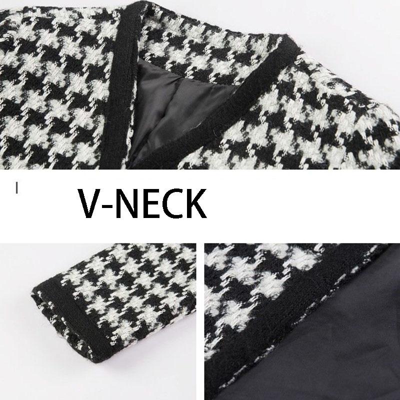 Women's Tweed Jacket Autumn and Winter Retro Houndstooth Woolen Top V-neck Jacket