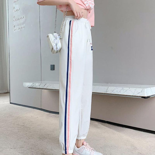 Ice Silk Sports Pants Women's Summer Casual Loose Loose Wild Side Strips Quick-drying Thin Section Nine-point Pants Women