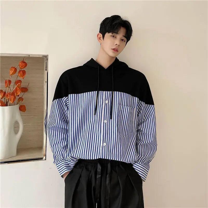Spring and Autumn Sweater Men's Hong Kong Style Loose Casual Long Sleeve Cardigan Trend Student Versatile Striped Hooded Jacket