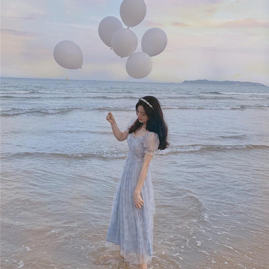 Female Blue Pink Halo Dyed Mesh Elegant Holiday Dress Vintage Slim Super Fairy Bandage Party Dress