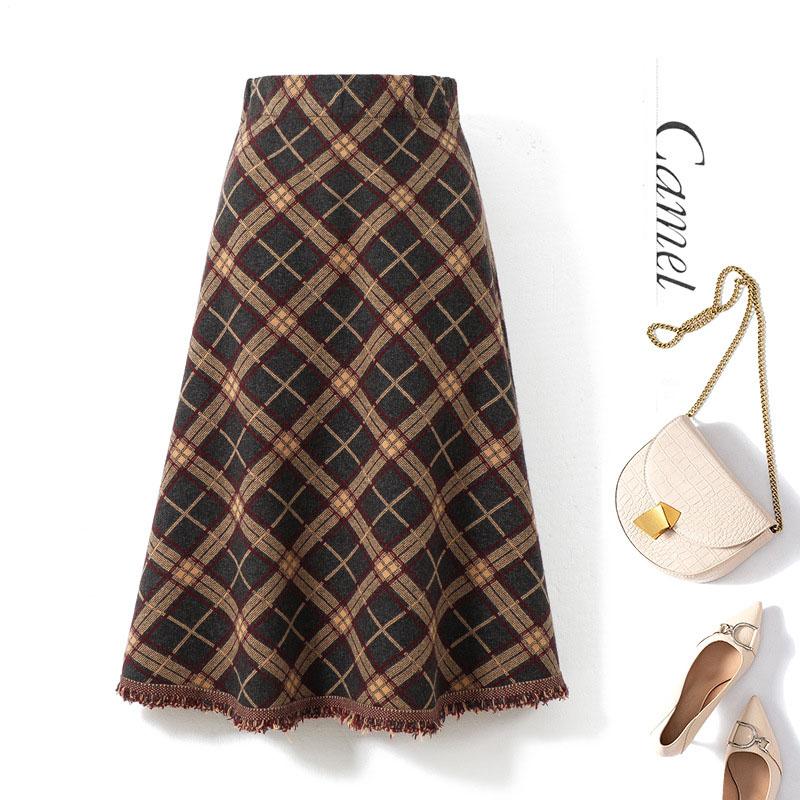 Ladies Long Knitted Skirt Autumn Winter Women's Fringed Plaid Umbrella Skirt High Waist A-line Big Swing Skirt