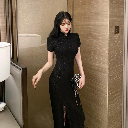 Female Vintage High Waist Black Holiday Dress Elegant Slim Stitching Split Lace Party Dress