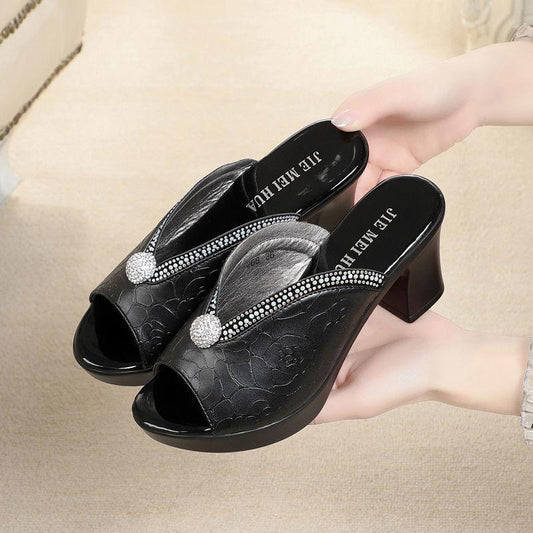 Summer Rhinestone Casual Thick-soled High-heeled Shoes Thick-heeled Slippers Women's Waterproof Platform Non-slip Sandals and Slippers