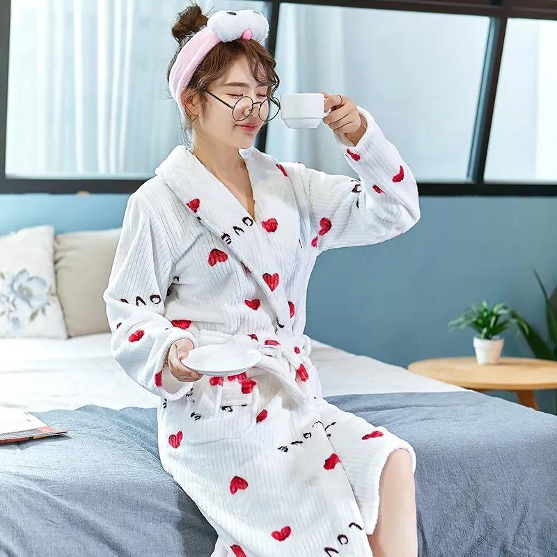 Women's Priting Nightgown Long Sleeves Bathrobe Coral Flannel Pajamas Dress Cute Cartoon Pocket Plus Velvet Thick Bathrobe with Belt
