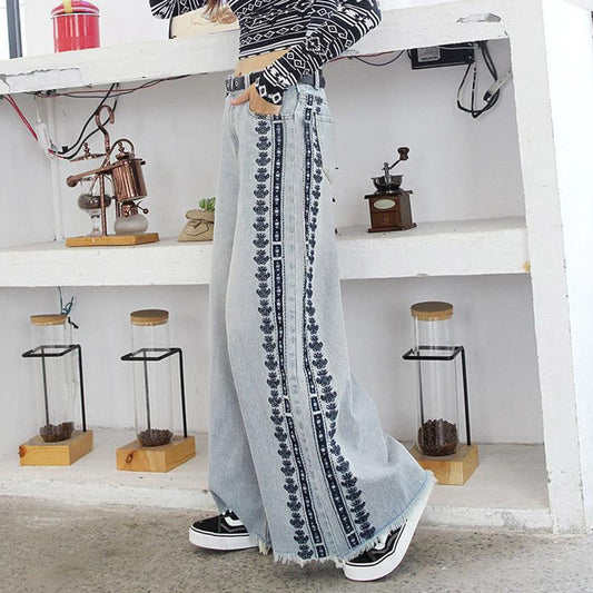 Autumn Embroidered Wide-leg Jeans Girls Plus Size Embroidered Trousers Loose High Waist Wide-leg Thigh Pants