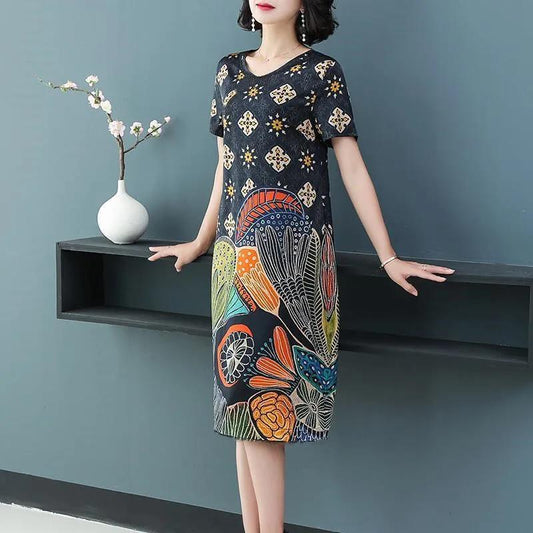 Summer Dress Plus Size Over The Knee Length Printed Straight Dress Women's Clothing