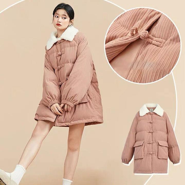 Winter Hoodless Mid-length Padded Jacket Women Winter Plus Velvet Thick Loose Warm Cotton Jacket Button Design Simple and Generous