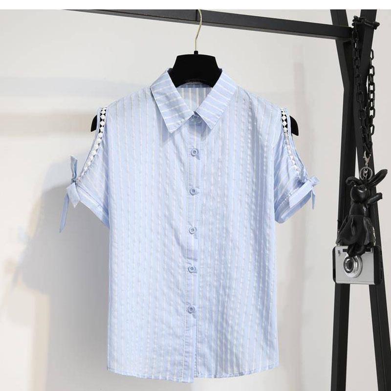 Fashion Short Set Summer Women Off-shoulder Short Sleeve Striped Shirt Loose Shorts Two-piece Suit