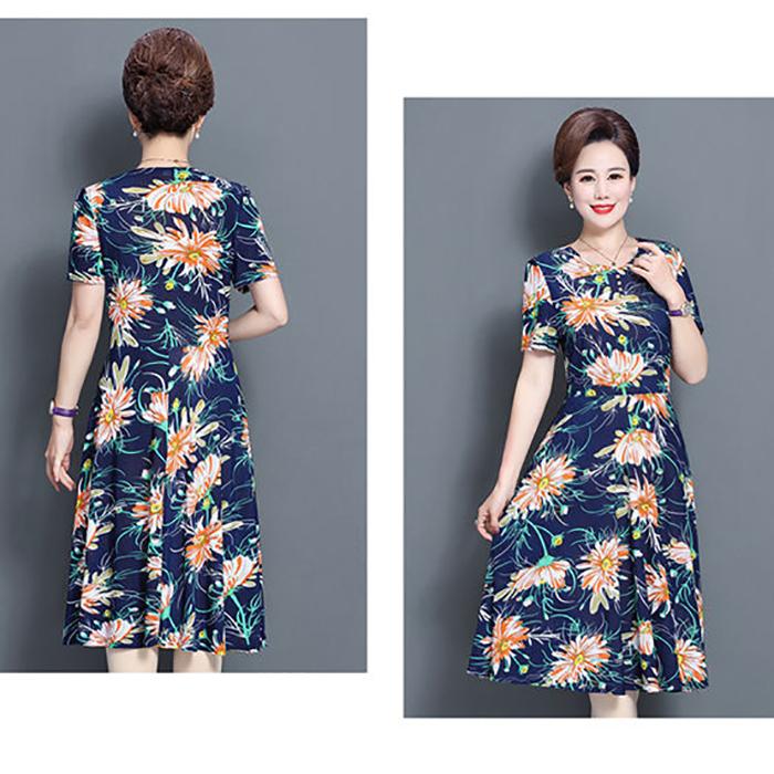 XL-XXXXXL Summer Mid-length Plus Size Printed Over-the-knee Dress Short Sleeve Mom A-line Skirt