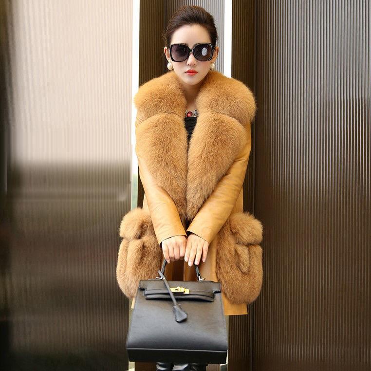 Winter Women's Mid-length Leather Jacket Plus Cotton and Velvet Warm Fur Coat with Faux Fox Fur Collar Windproof Leather Trench Coat Plus Size S-7XL