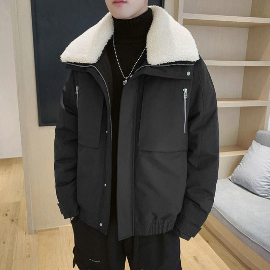 Winter Padded Jacket Men's Short Loose Large Size Korean Style Trendy Warm Cotton Jacket Wild Lamb Velvet Lapel Quilted Jacket