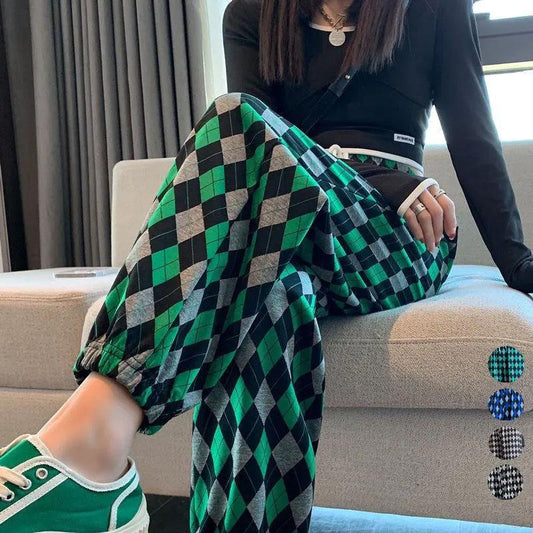 Women's Spring and Summer Diamond-shaped Plaid Pants Loose and Thin Straight Casual Harem Pants Ladies Drawstring Sports Pants