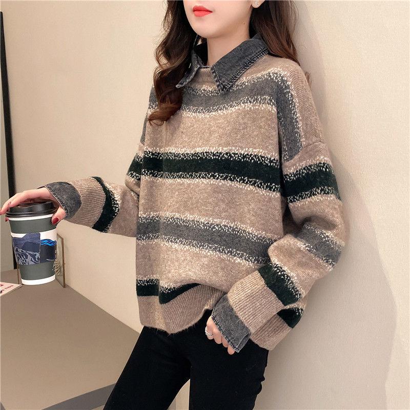 Fake Two Piece Stitching Shirt Denim Collar Sweater Women Autumn and Winter Korean Loose Fashion All-match Blouse Women