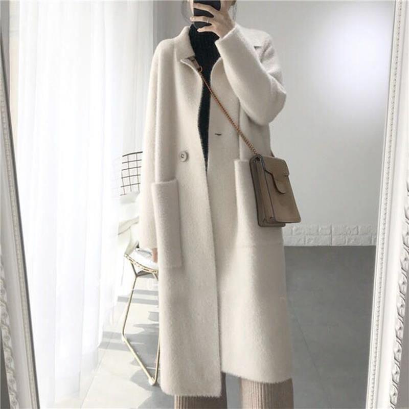 Winter Wild Mohair Warmth Thick Imitation Mink Wool Women Loose Cardigan Mid-length Over The Knee Thick Coat Windbreaker Women Knit