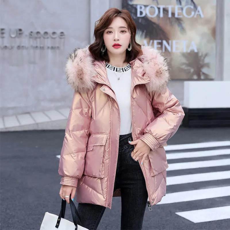 White Duck Down Jacket Women's Mid-length Large Fur Collar Bright Face Wash-free Thick Coat