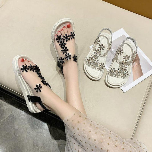 Sandals Women's Elastic Band Rhinestone Flowers Flat Soft Sole Beach Roman Sandals Outdoor Casual Sandals Women's Platform Sandals