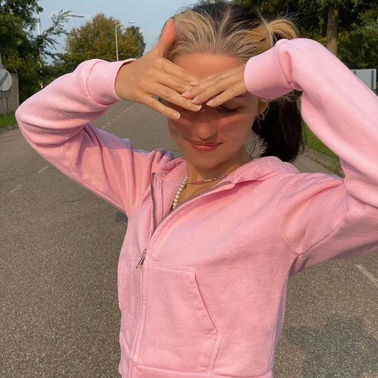 Brown Zip Hooded Sweatshirt Jacket Top Oversized Hoodie Retro Pocket Woman Clothes Long Sleeve Pullover