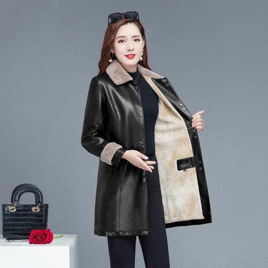 Winter Fashion Cool Leather Jacket Thick Velvet Leather Jacket Women's Mid-length Plus Velvet Thick Leather Coat Leather Jacket Parka Coat