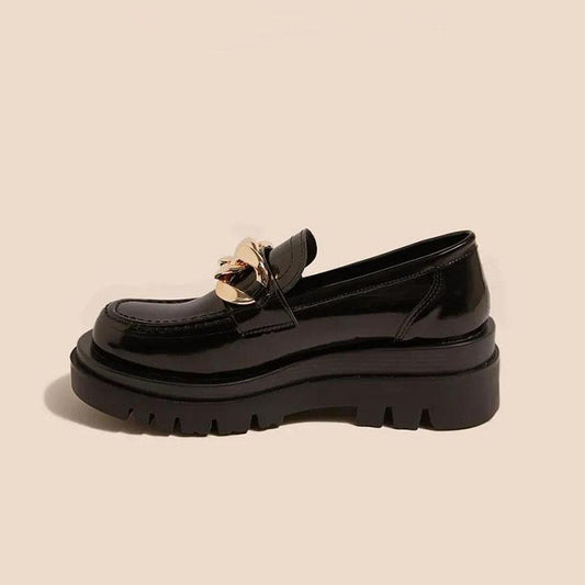 Women's Leather Shoes with Shiny Patent Leather and Soft Sole British Style Platform Platform Loafers